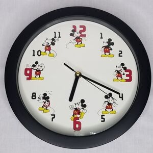 Disney Mickey Mouse Wall Clock 11"‎ Round 12 Poses Black Frame Analog Clock